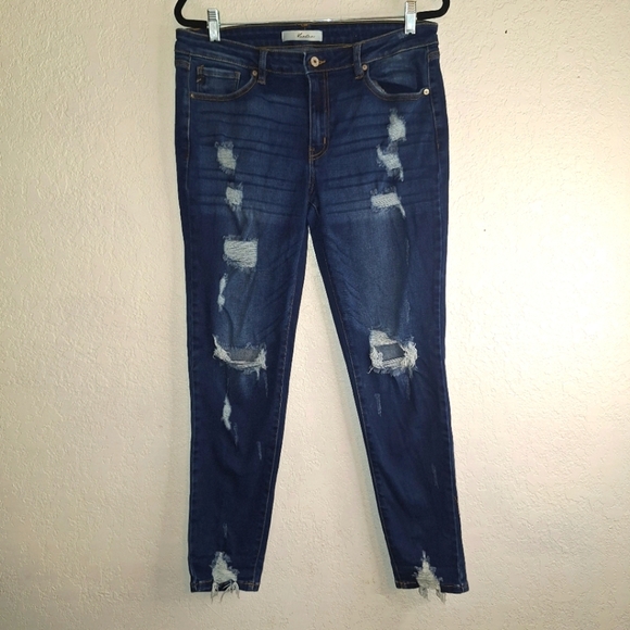 Kancan Dark Wash High Rise Distressed Straight Leg Jeans Women’s 13/30 - Picture 1 of 11